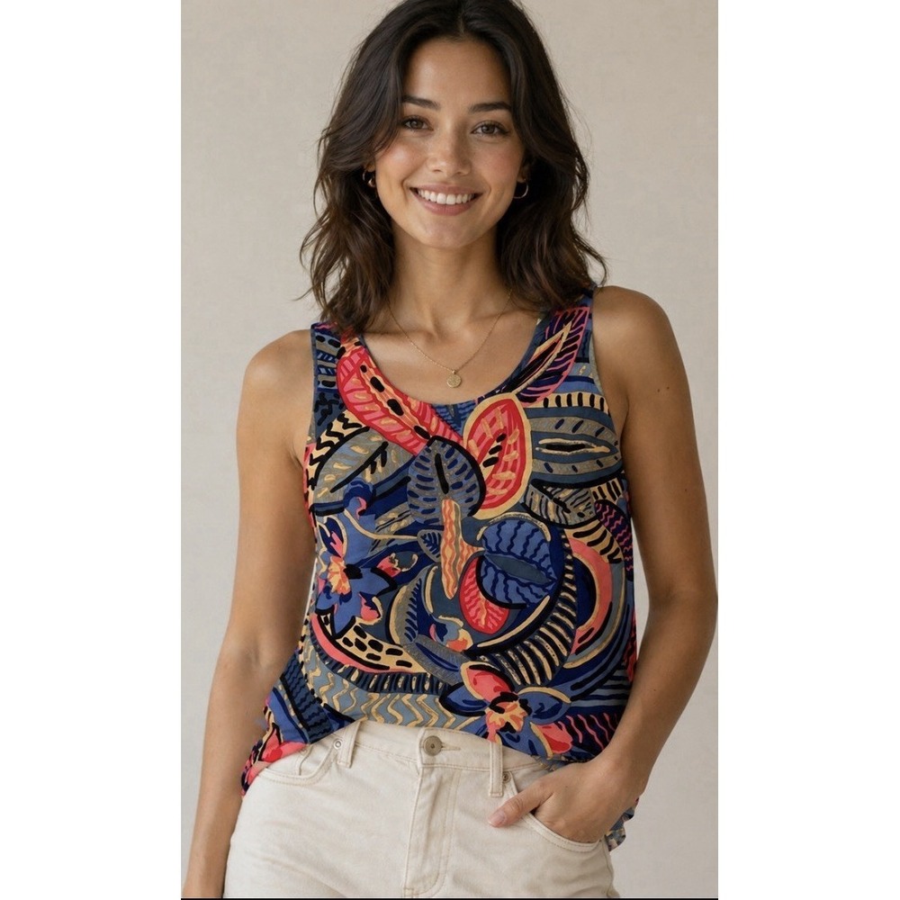 ANN MAY Multicolor 100%  Silk Abstract Sleeveless Tank Top, Pullover  M(286)
